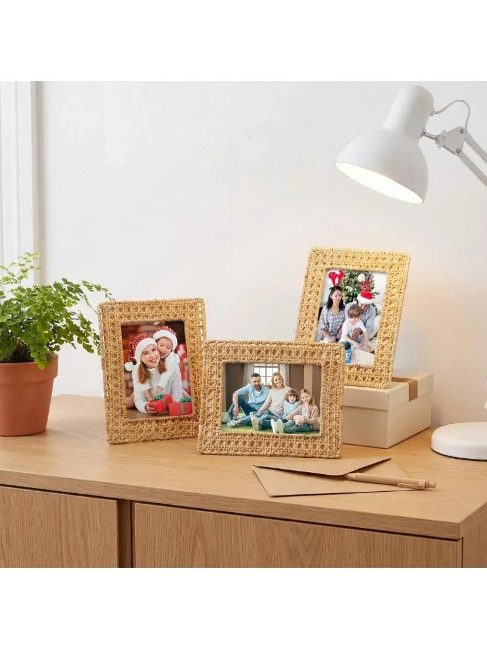Boho Woven Rattan Picture Frame Set - Rustic Wicker Photo Frames for Tabletop